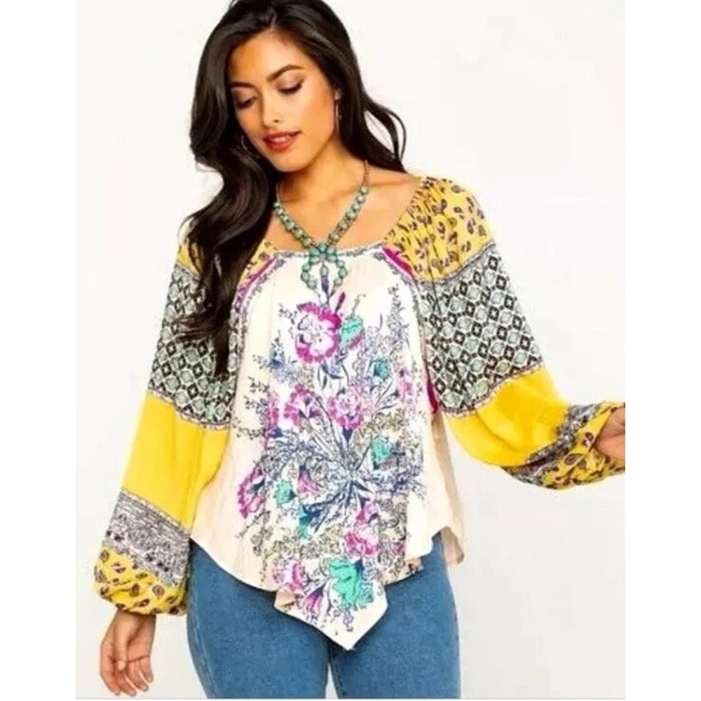 Free People MEDIUM Positano Off The Shoulder Oversized Floral Top Yellow Pink